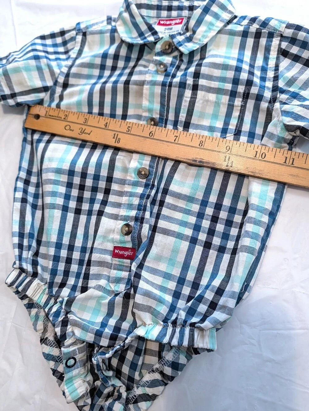 Wrangler Blue Plaid Cotton Woven Collared One-Piece Bodysuit 24M Short Sleeve